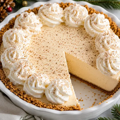 Eggnog cream pie with whipped topping and nutmeg in a graham crust