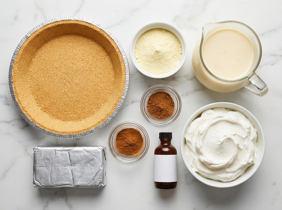 Ingredients for eggnog cream pie with graham crust and spices