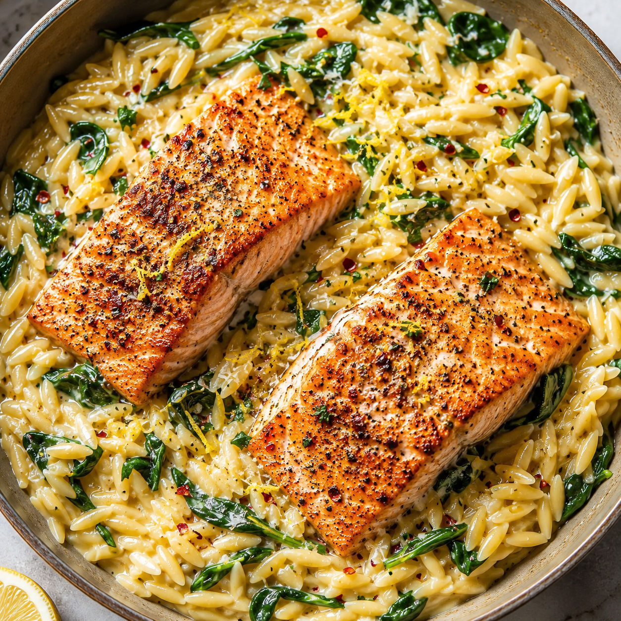 Seared salmon with creamy lemon orzo, spinach, and Parmesan in a skillet