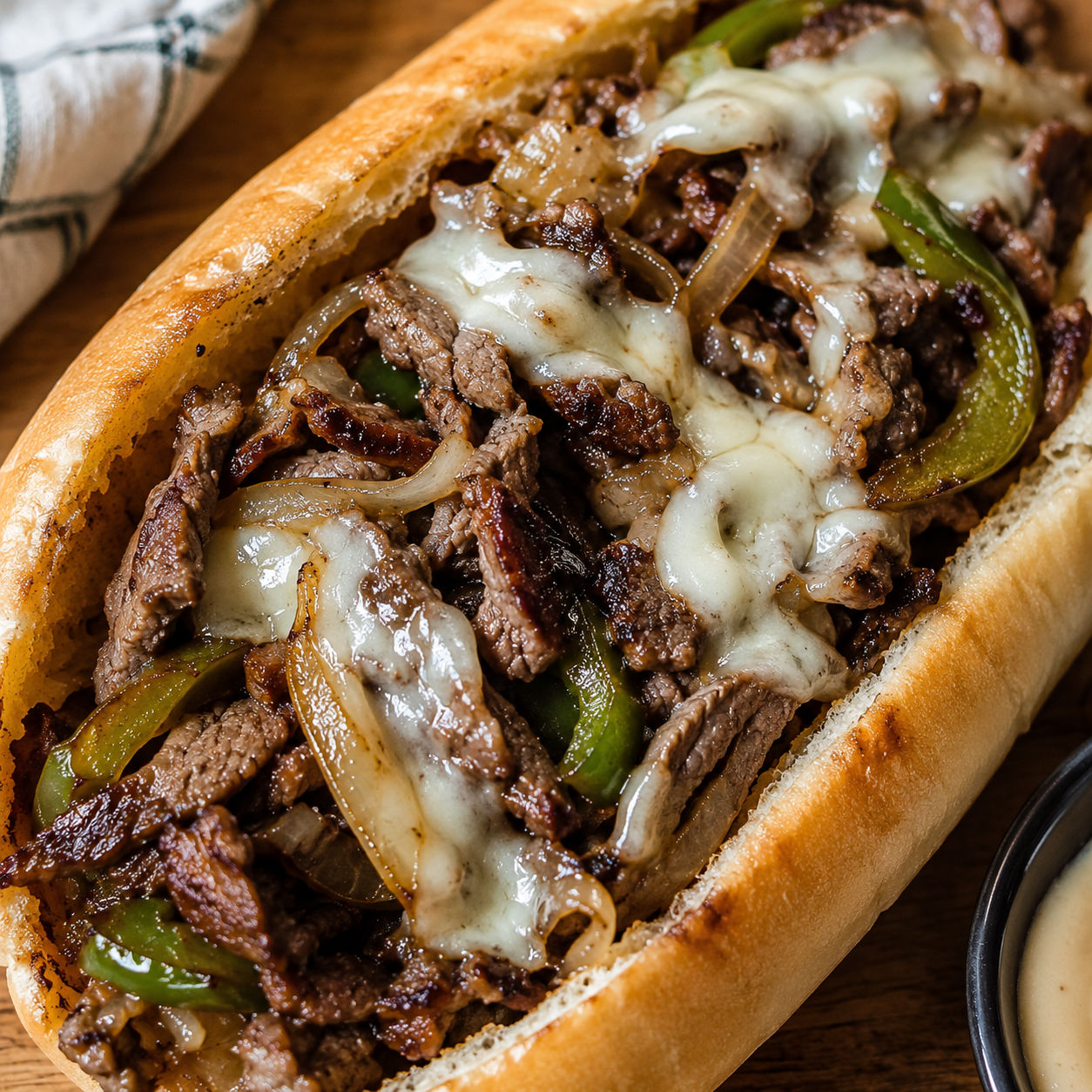 Quick Philly cheesesteak sandwich with ribeye, provolone, and onions in a toasted hoagie roll