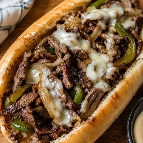 Quick Philly cheesesteak sandwich with ribeye, provolone, and onions in a toasted hoagie roll