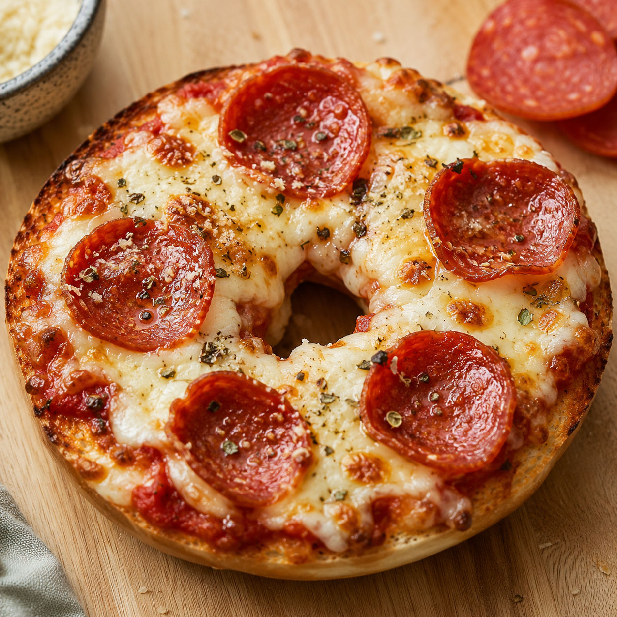 Baked pizza bagel with melted mozzarella and pepperoni on a wooden board