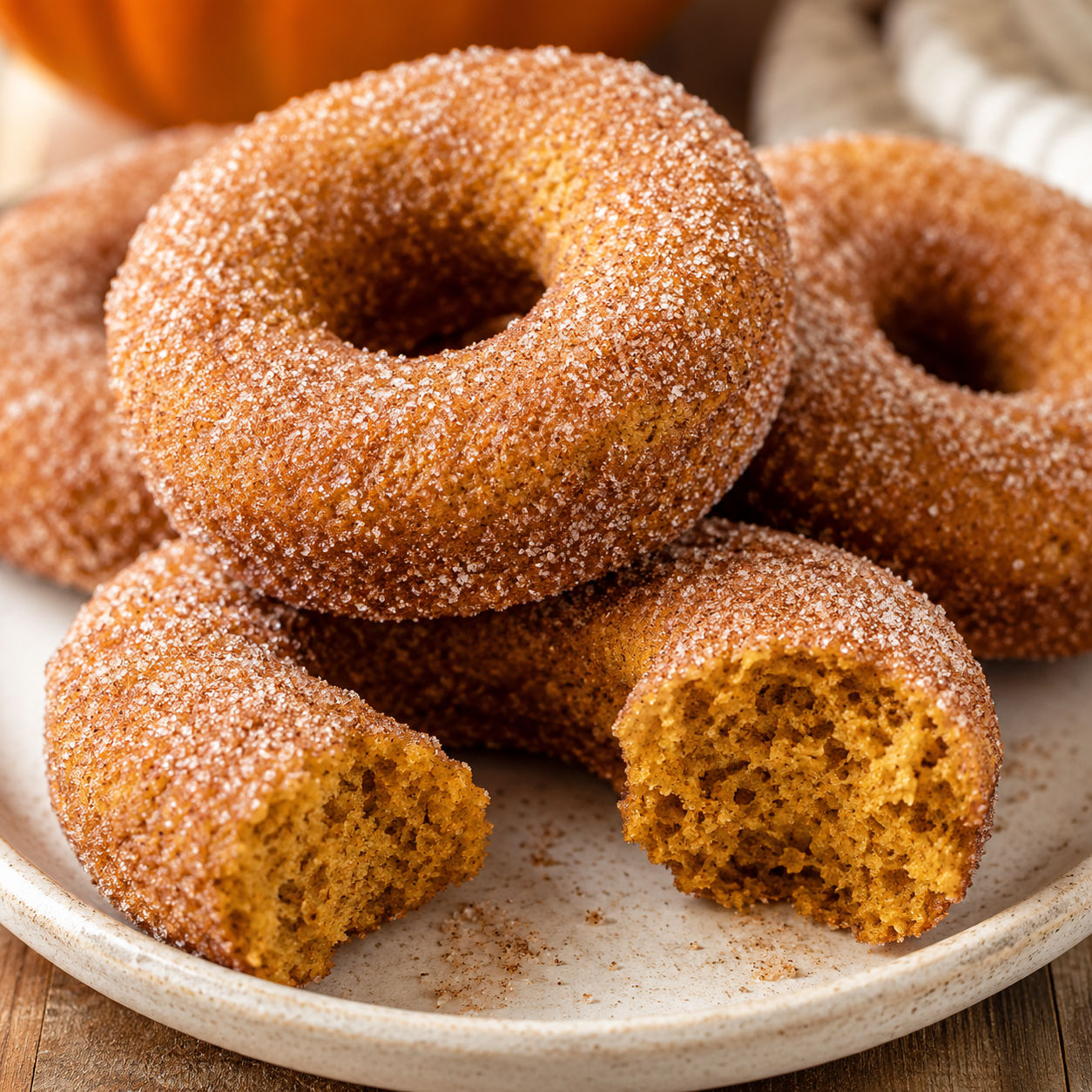 Pumpkin spice cake mix donuts coated in cinnamon sugar on a plate