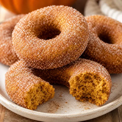 Pumpkin spice cake mix donuts coated in cinnamon sugar on a plate