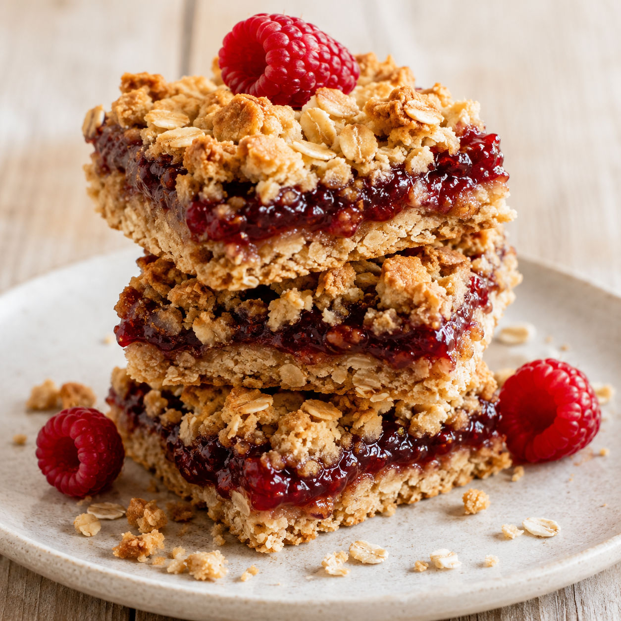 Raspberry jam oat bars with golden crumble topping on a plate