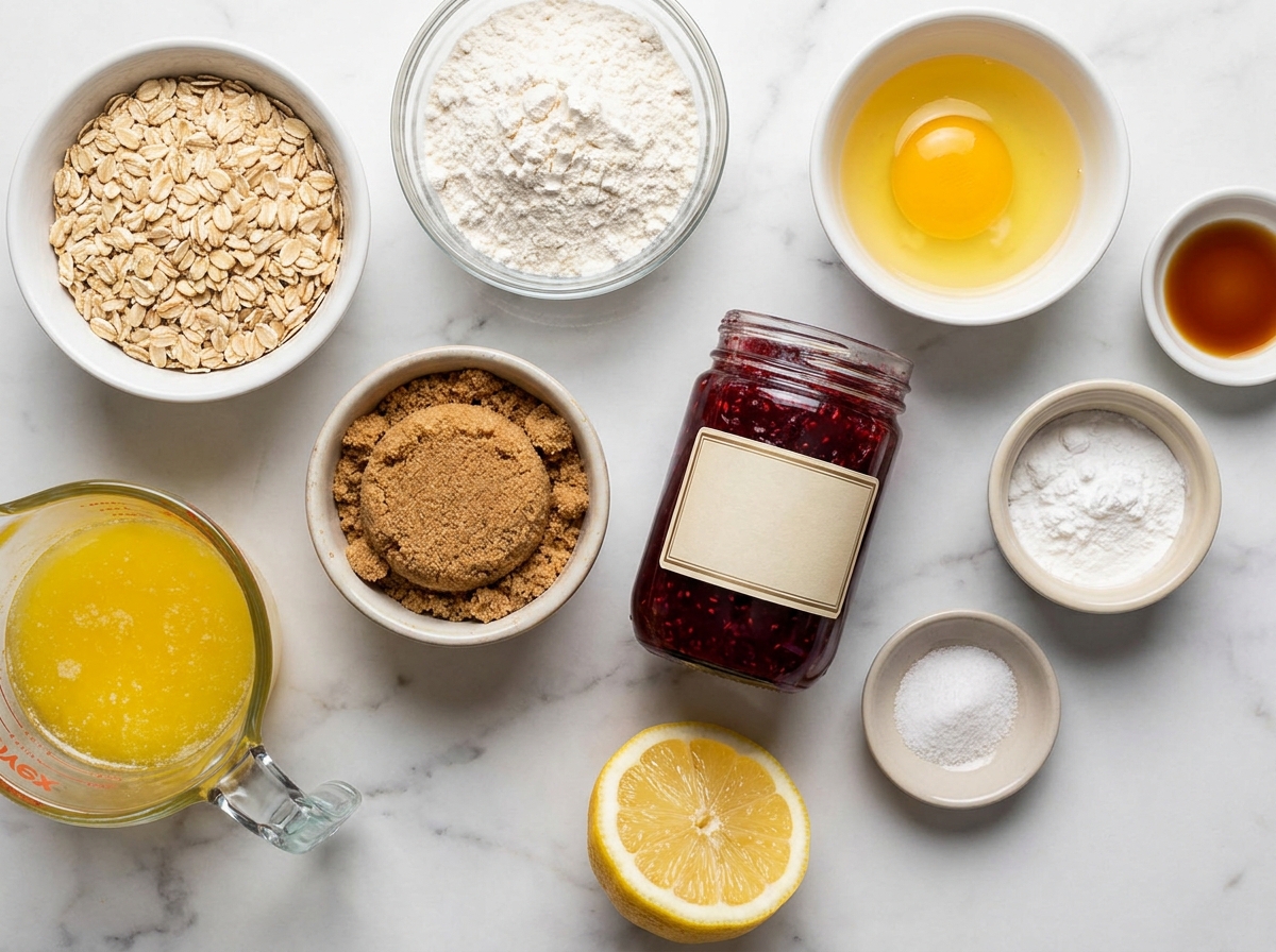 Ingredients for raspberry jam oat bars with oats, butter, jam, egg, and lemon