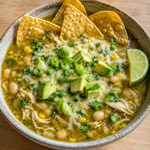 Salsa verde tortilla soup with chicken, avocado, cilantro, and tortilla chips