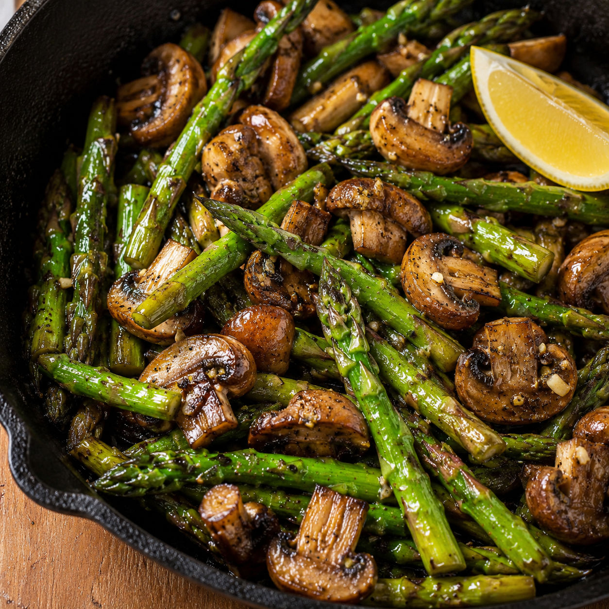 Sauteed asparagus and mushrooms with garlic and lemon in a cast-iron skillet