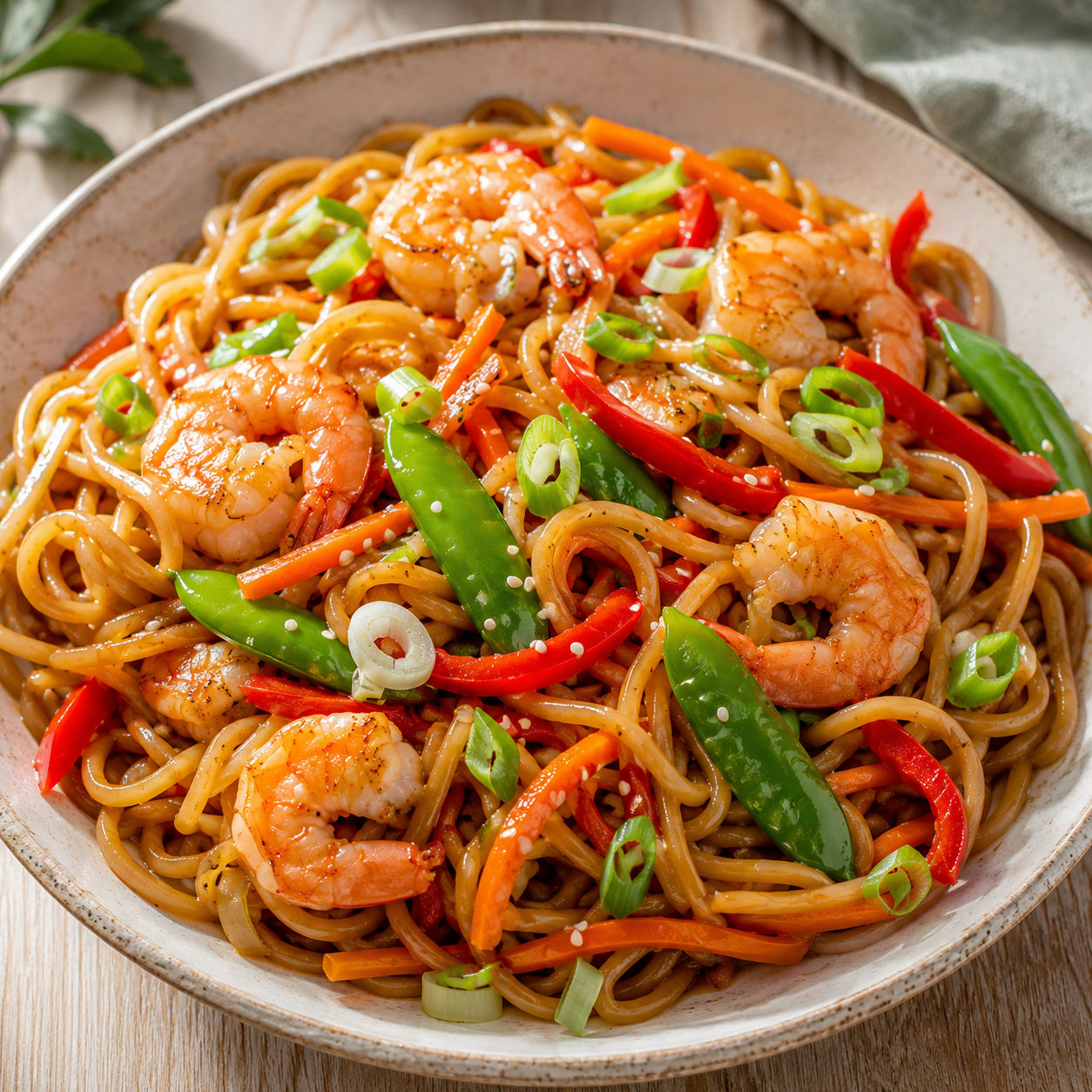 Shrimp lo mein with bell peppers, snow peas, and carrots in a shallow bowl