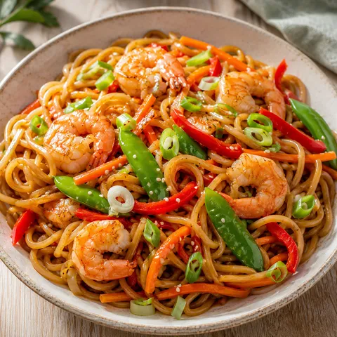 Shrimp lo mein with bell peppers, snow peas, and carrots in a shallow bowl