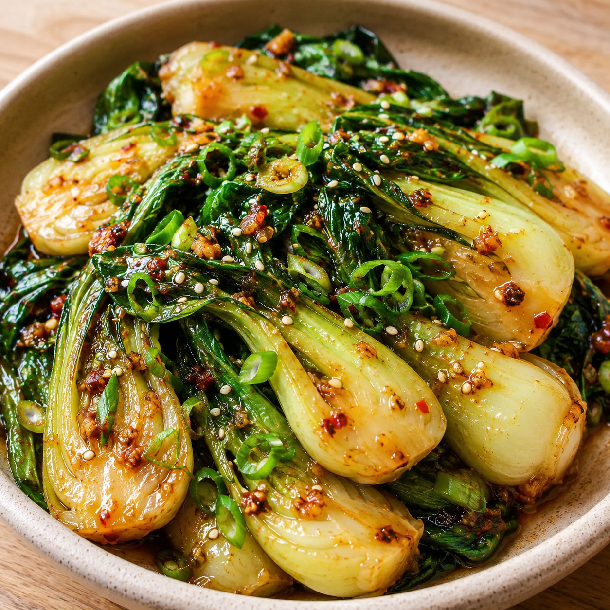 Spicy garlic bok choy with sesame seeds and green onions in a bowl