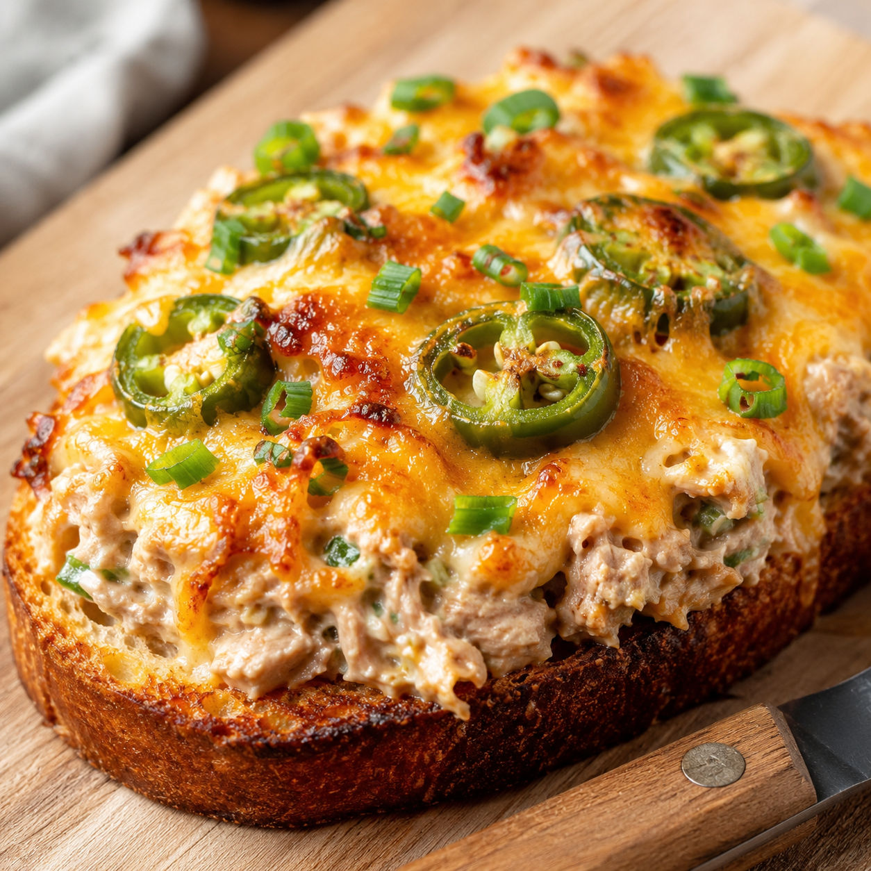 Open-faced tuna melt with jalapeños and melted cheddar on toasted sourdough