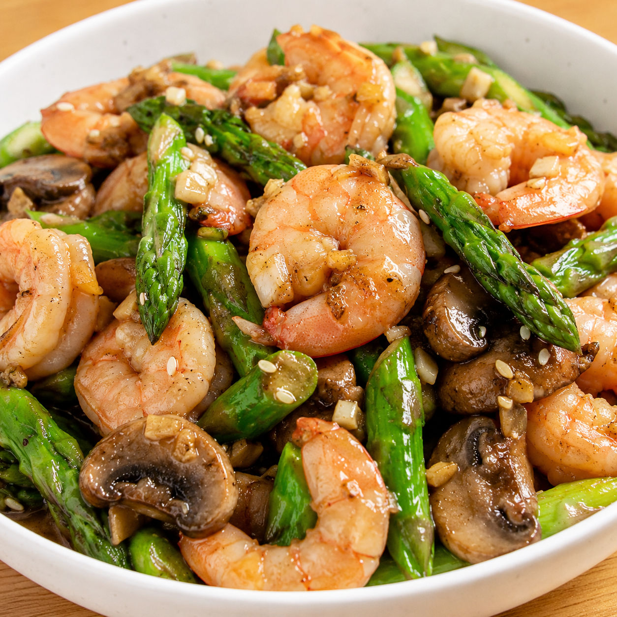 Stir-fried shrimp with asparagus and mushrooms in a shallow white bowl