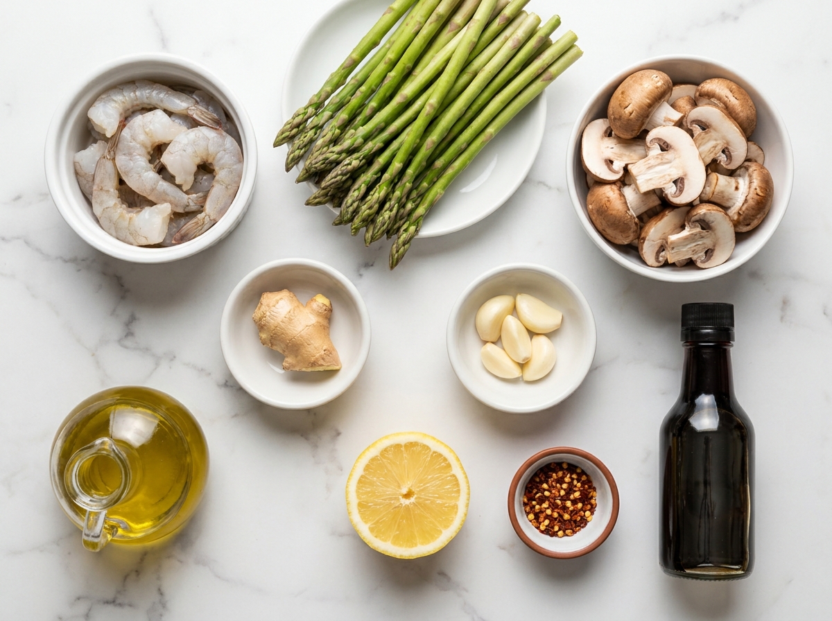 Raw shrimp, asparagus, mushrooms, ginger, and garlic on a wooden board