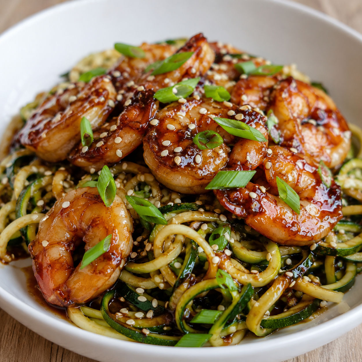Teriyaki shrimp and zucchini noodles with sesame seeds and green onion in a shallow bowl