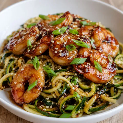 Teriyaki shrimp and zucchini noodles with sesame seeds and green onion in a shallow bowl