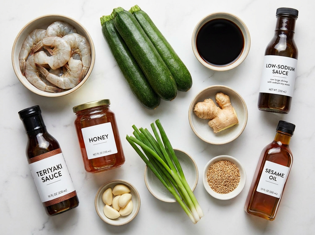 Raw ingredients for teriyaki shrimp zucchini noodles on a wooden surface