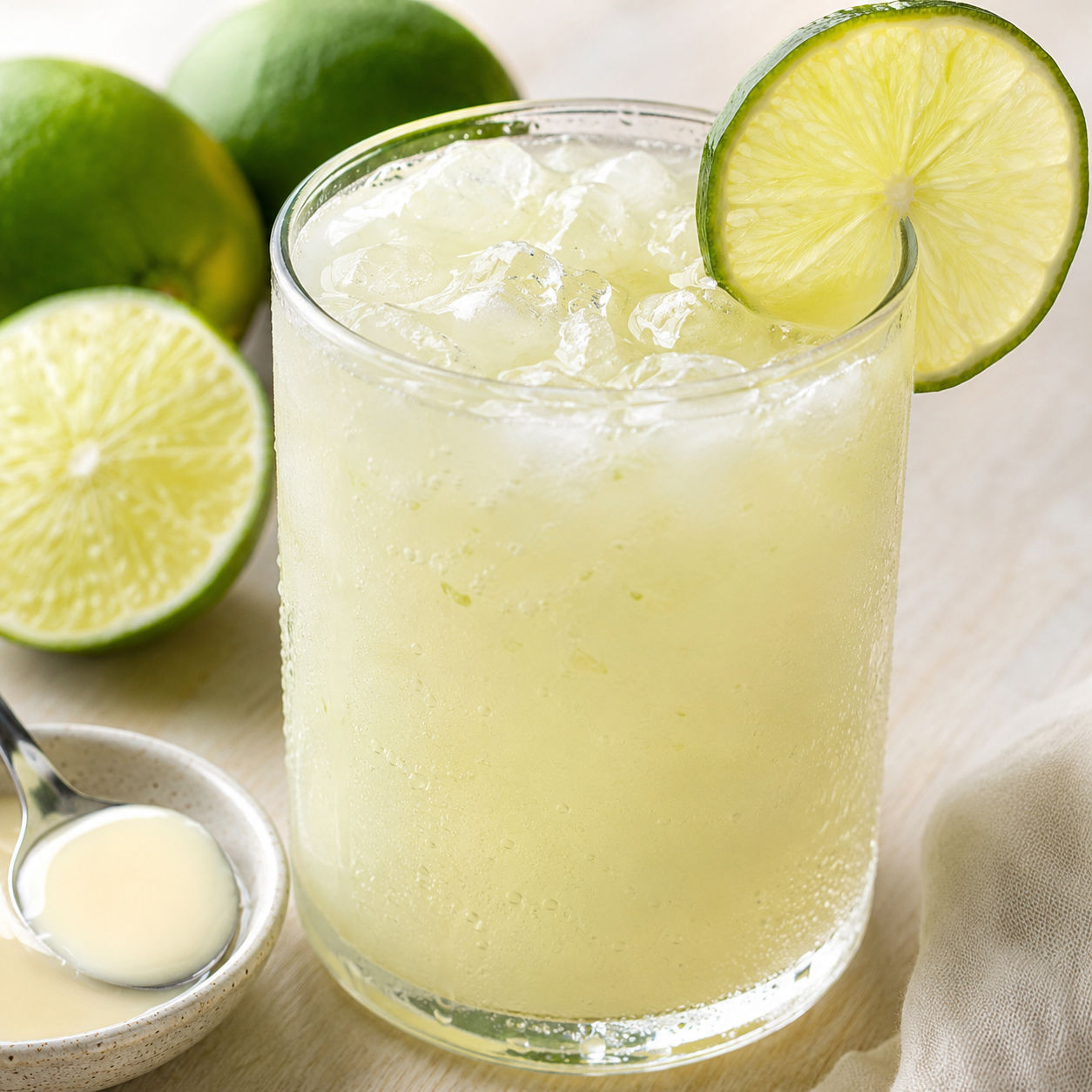 Creamy Brazilian lemonade with ice and a lime wheel in a clear glass