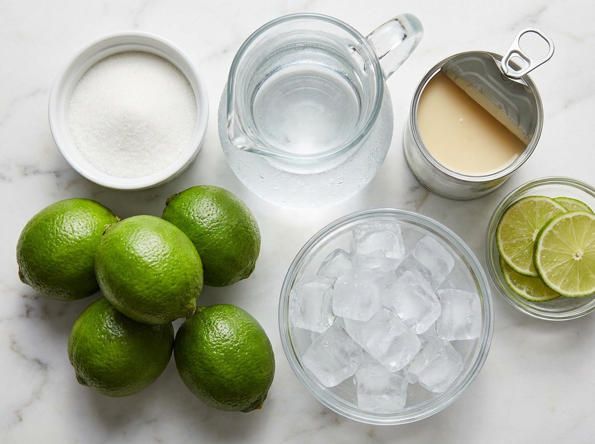 Limes, condensed milk, sugar, water, and ice for Brazilian lemonade