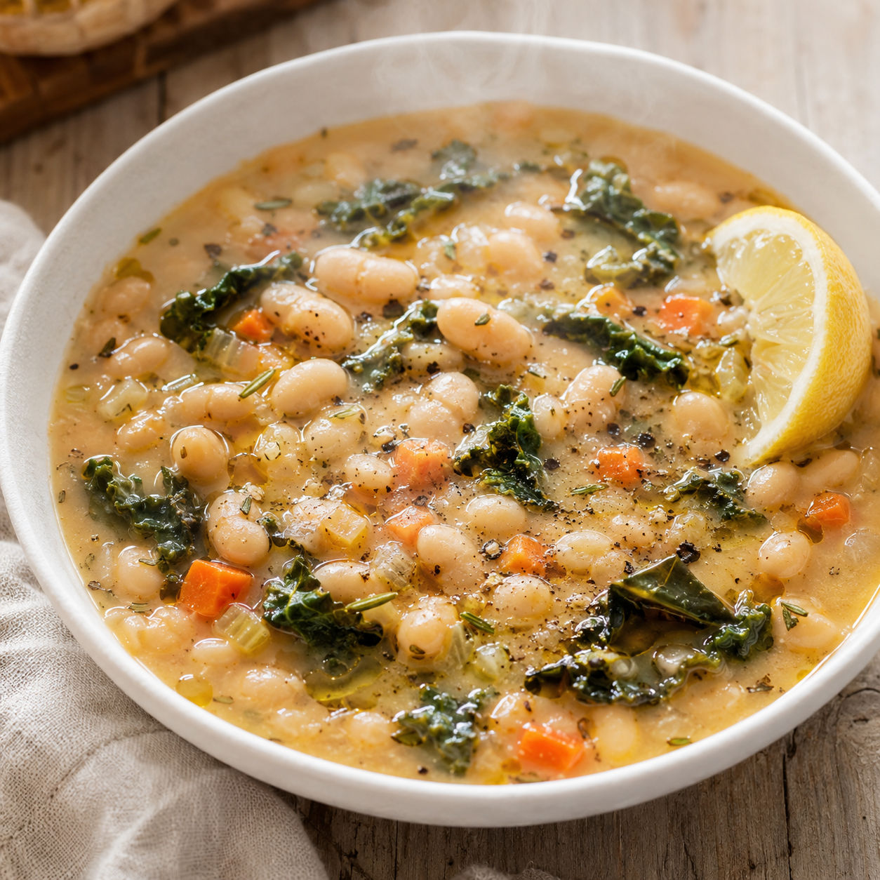 Tuscan white bean soup with kale, carrots, rosemary, and olive oil