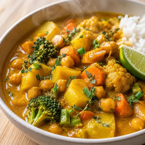 Jamaican chickpea curry with coconut sauce, vegetables, scallions, and lime