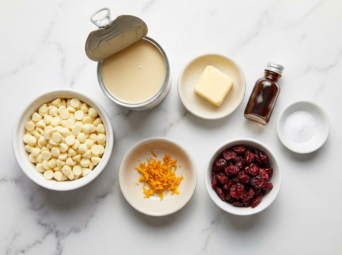 Ingredients for white chocolate cranberry fudge on a marble counter