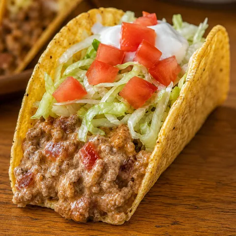 Crunchy Rotel taco filled with creamy beef and cheese, topped with lettuce and tomato