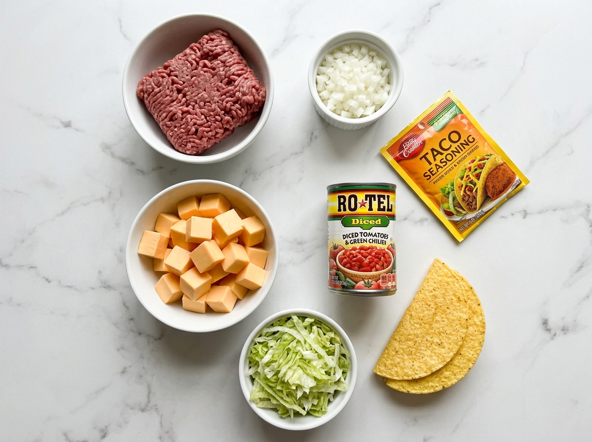 Raw ingredients for Rotel tacos including ground beef, cheese, and Rotel tomatoes