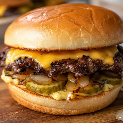 Oklahoma smash burger with crispy caramelized onions and melted American cheese on a toasted bun