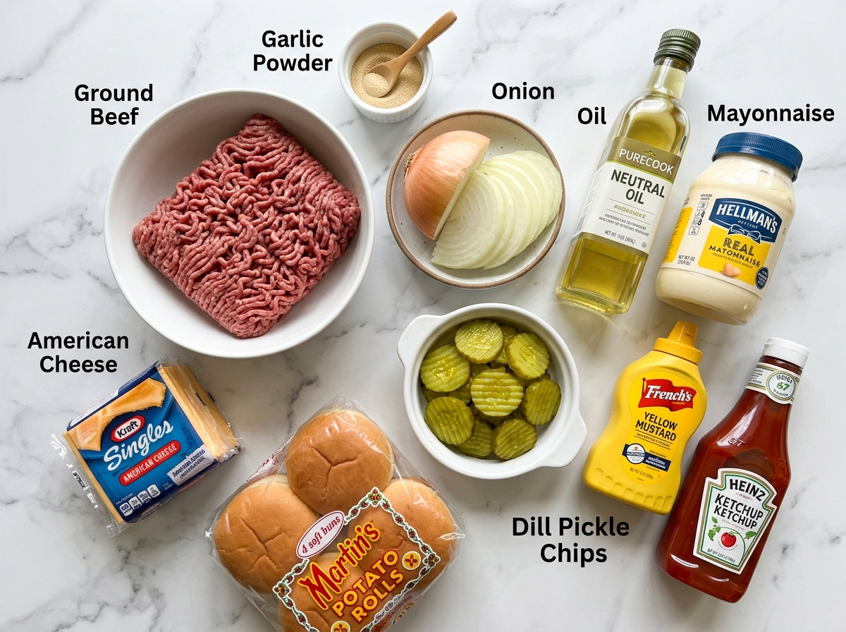 Raw ingredients for Oklahoma smash burgers on a wooden board including beef, onion, cheese, and buns
