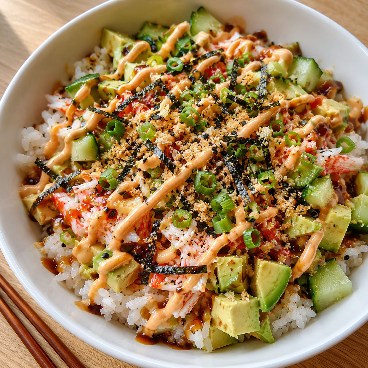 Crunch roll sushi bowl with crab, avocado, cucumber, panko, and spicy mayo