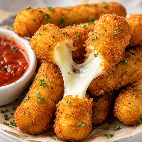 Golden fried mozzarella cheese bites with marinara sauce and parsley