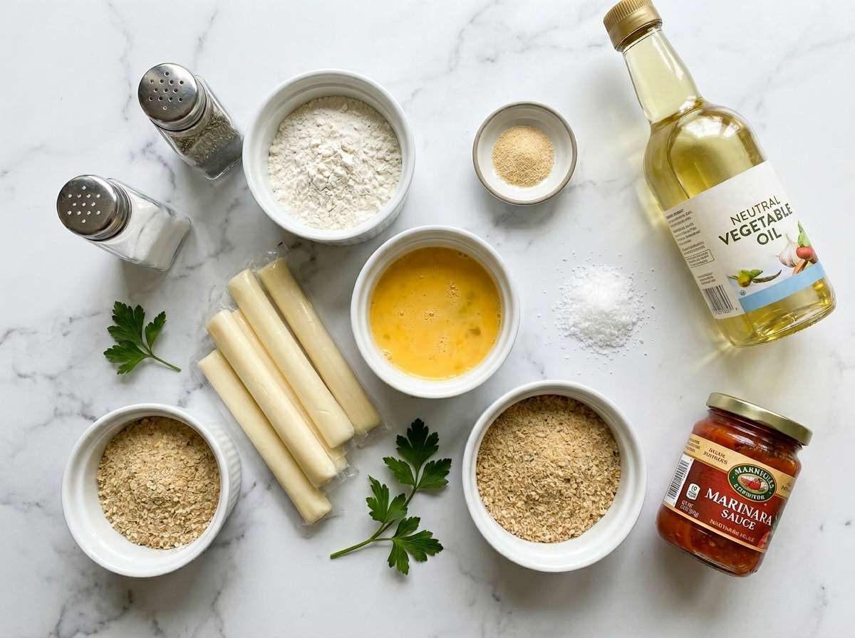 Raw ingredients for fried cheese bites on a light wooden counter