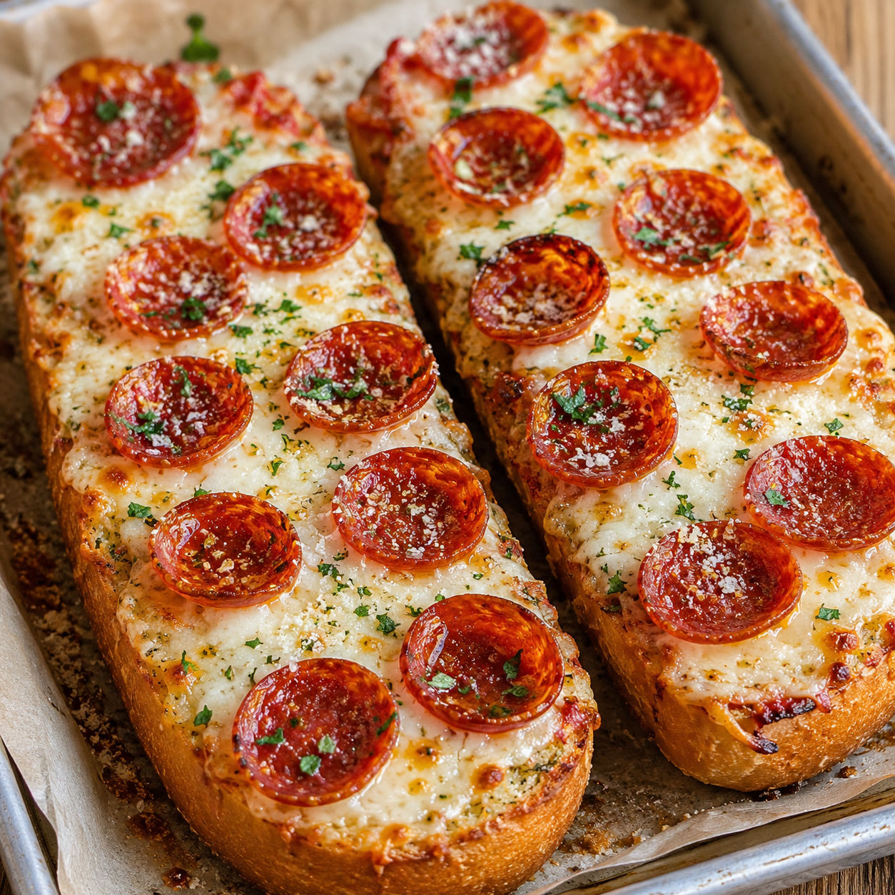Golden garlic bread pizza with melted mozzarella and pepperoni on a baking sheet