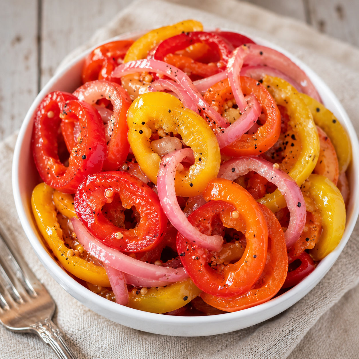 Bowl of colorful pickled sweet peppers and onions with peppercorns and mustard seeds