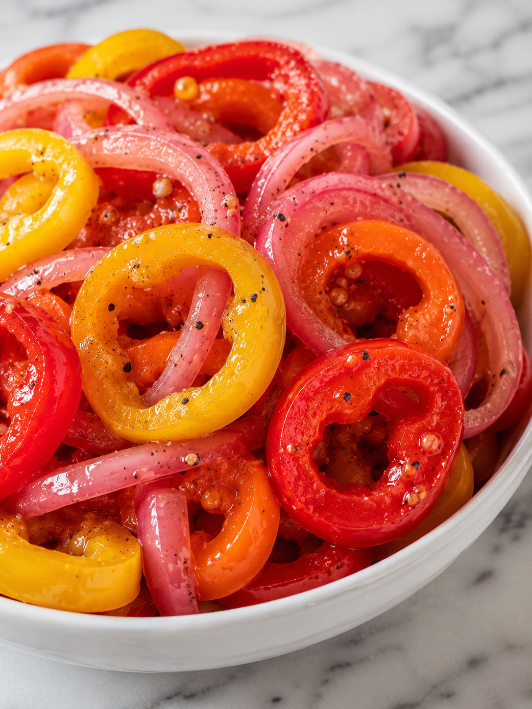 Quick and Easy Zesty Pickled Sweet Peppers and Onions, plated and served
