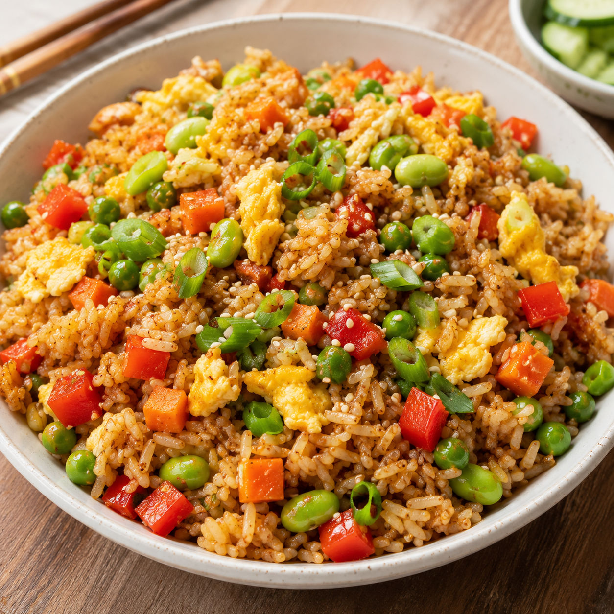 Healthy fried rice with egg, brown rice, vegetables, and green onions
