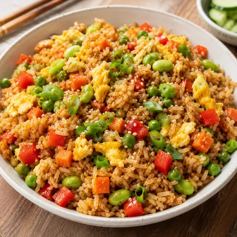 Healthy fried rice with egg, brown rice, vegetables, and green onions