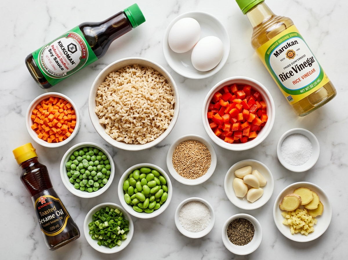 Ingredients for healthy fried rice with brown rice, eggs, and vegetables