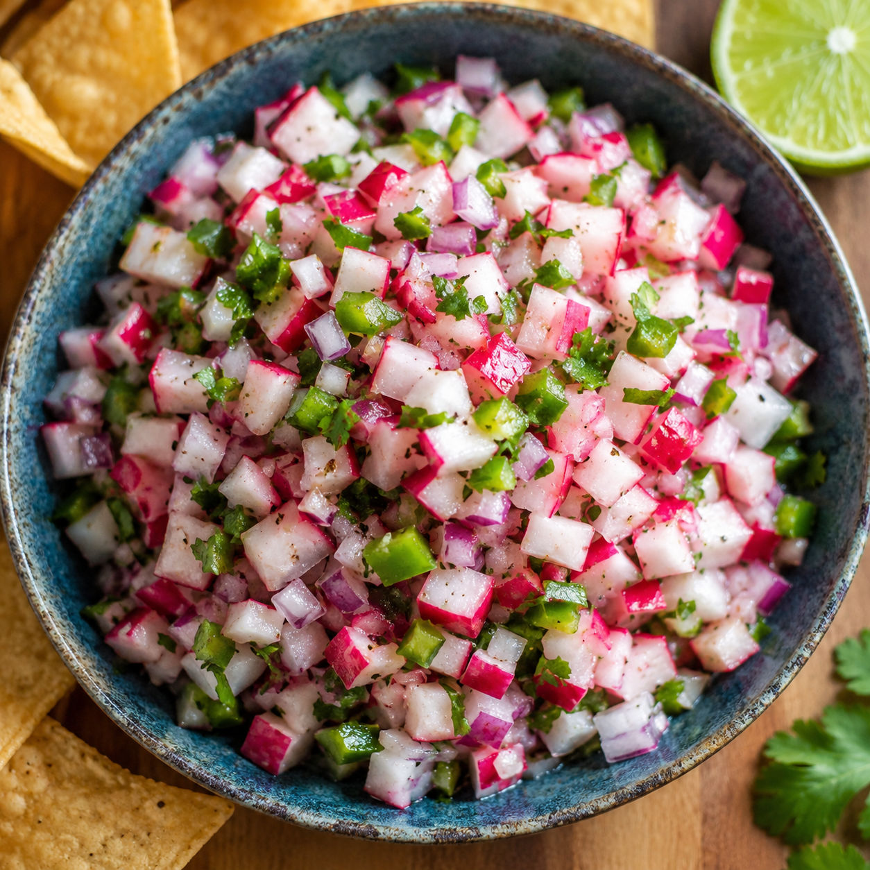 Fresh radish salsa with cilantro and lime in a blue bowl