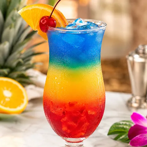 Rainbow Paradise Cocktail with red, gold, and blue layers over ice