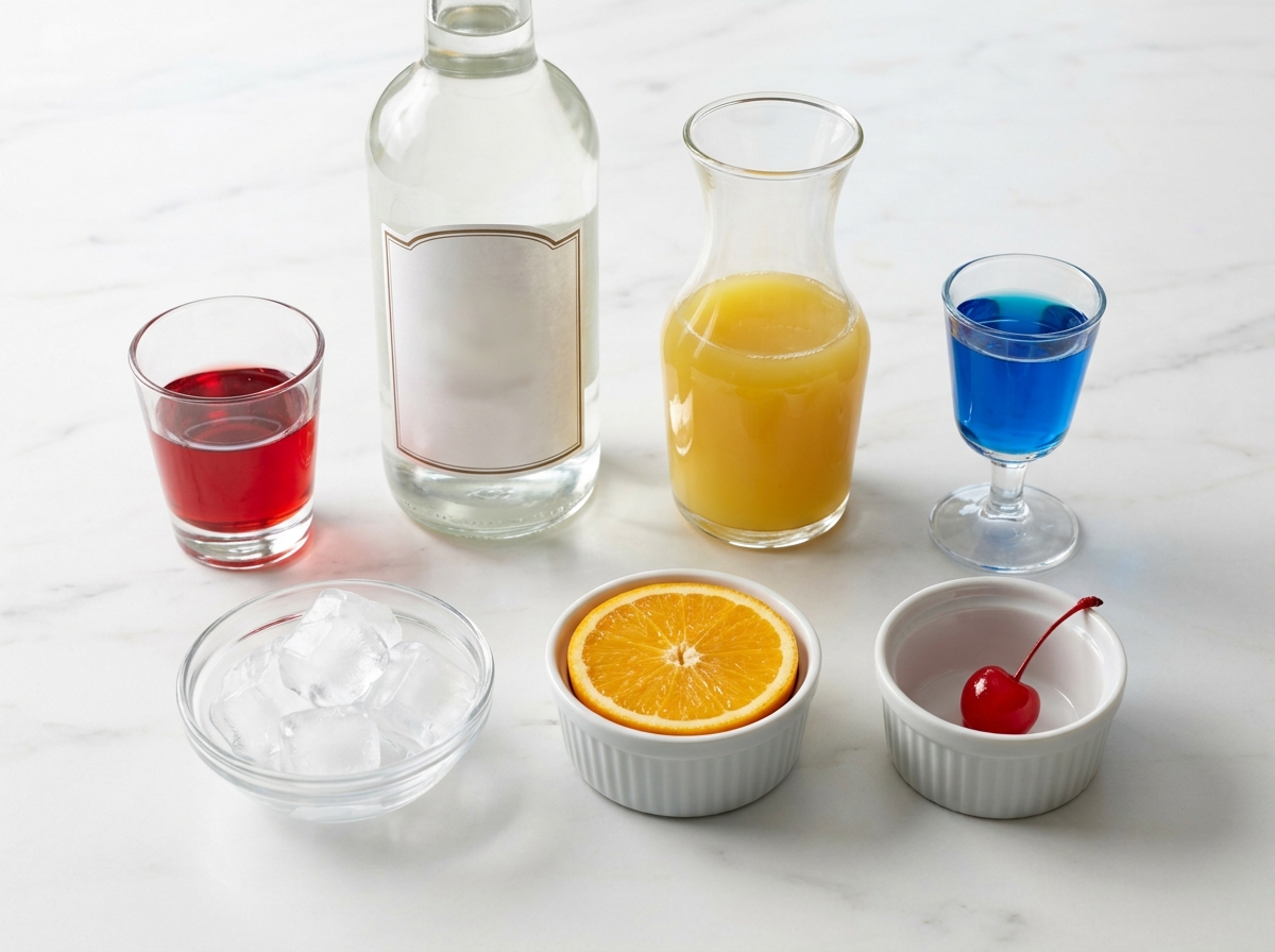 Ingredients for a Rainbow Paradise Cocktail on a marble bar