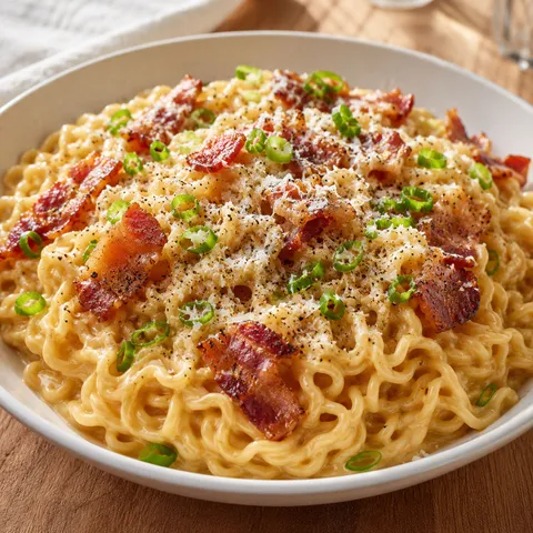 Ramen carbonara with bacon, Parmesan, black pepper, and scallions