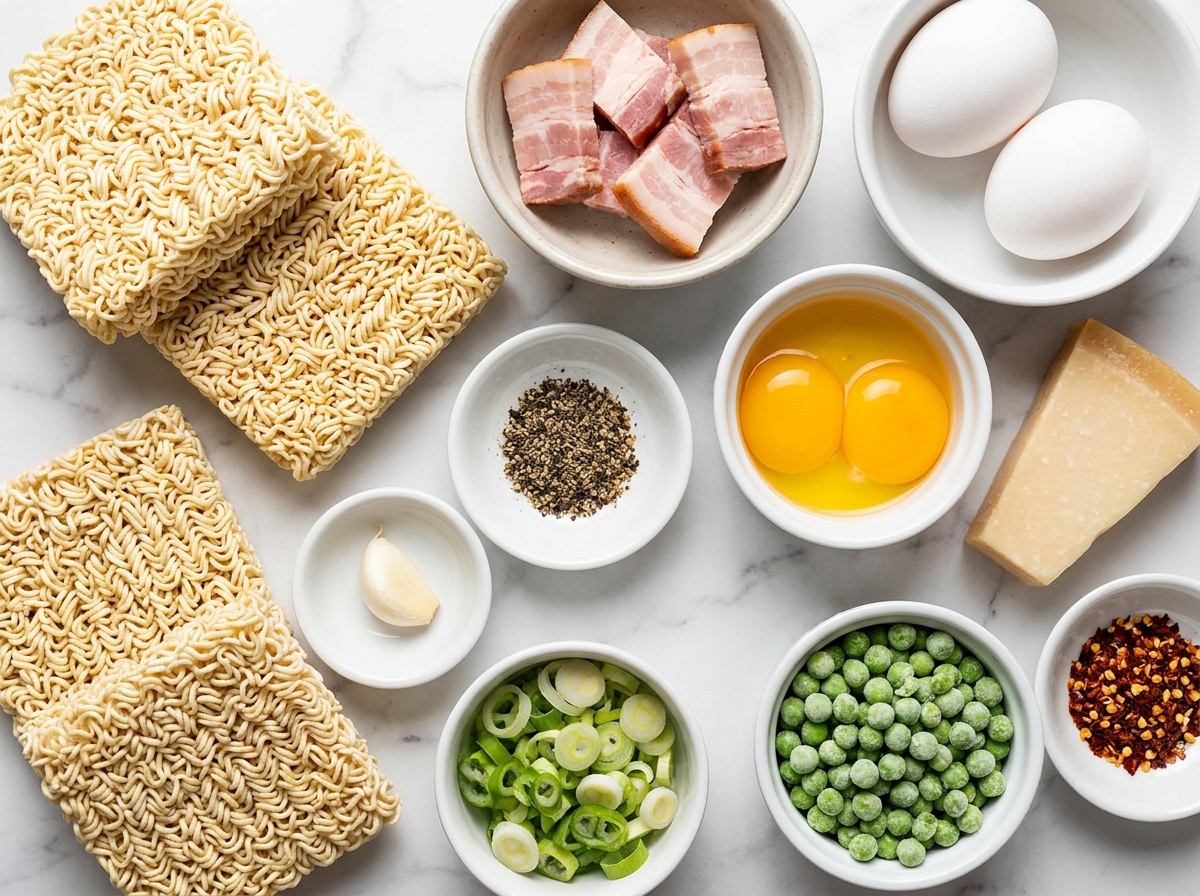 Ingredients for ramen carbonara with bacon, eggs, Parmesan, and scallions