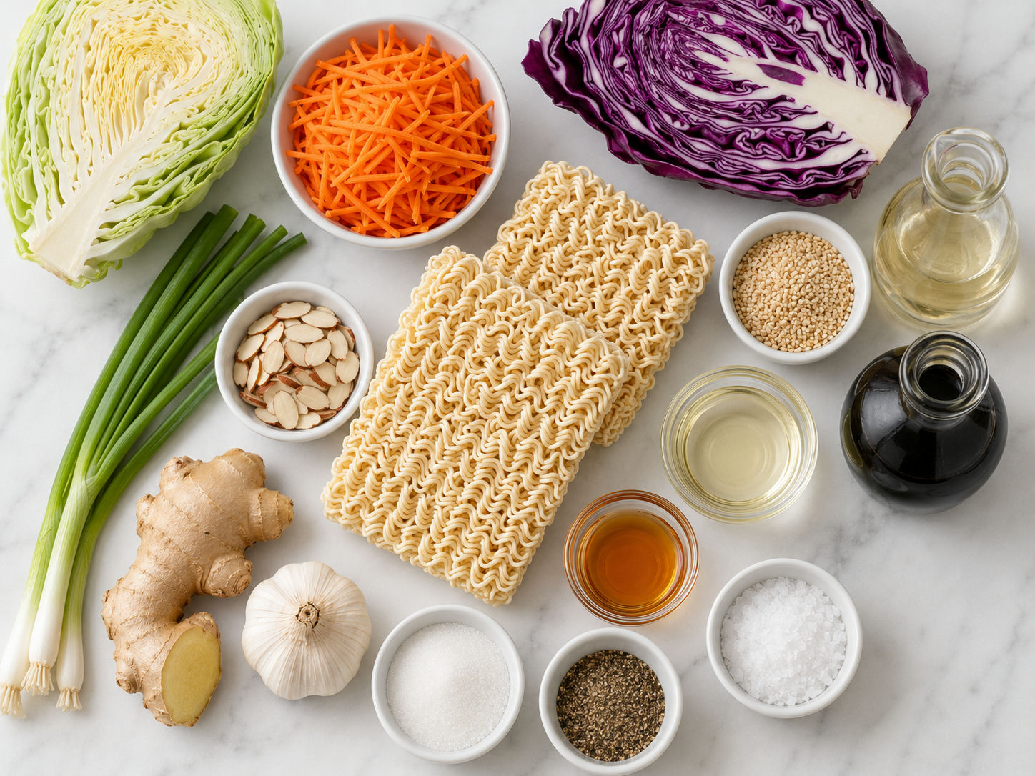 Ingredients for ramen noodle salad with cabbage, ramen, almonds, and dressing
