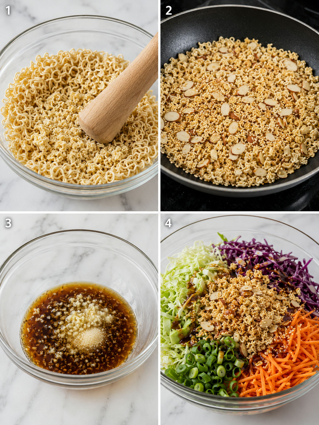 Four steps for making ramen noodle salad from crushing to tossing