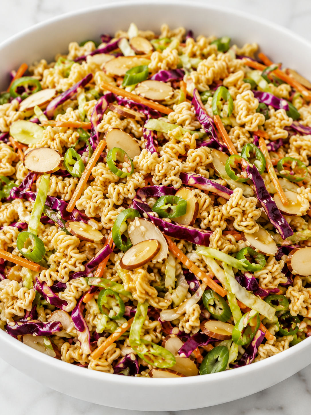 Ramen noodle salad filling a bowl with toasted ramen, almonds, and cabbage
