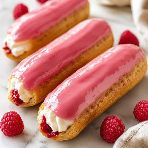 Raspberry and cream éclairs with pink glaze and fresh raspberries on marble