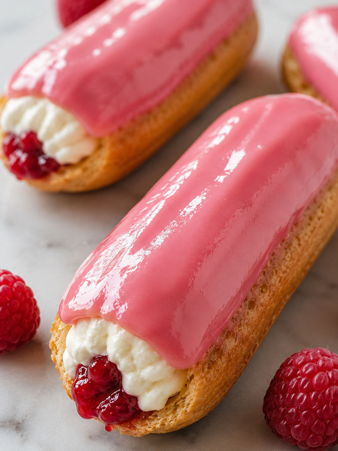 Raspberry And Cream Éclairs, plated and served