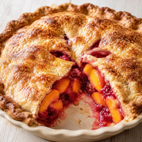 Raspberry peach pie with golden all-butter lattice crust